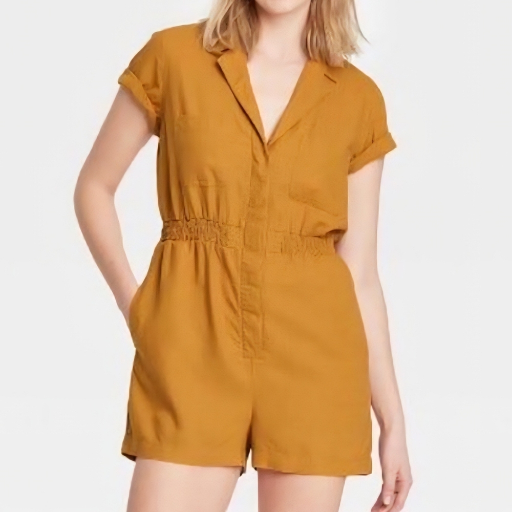 Universal Thread Mustard Utility Linen Blend Romper Medium